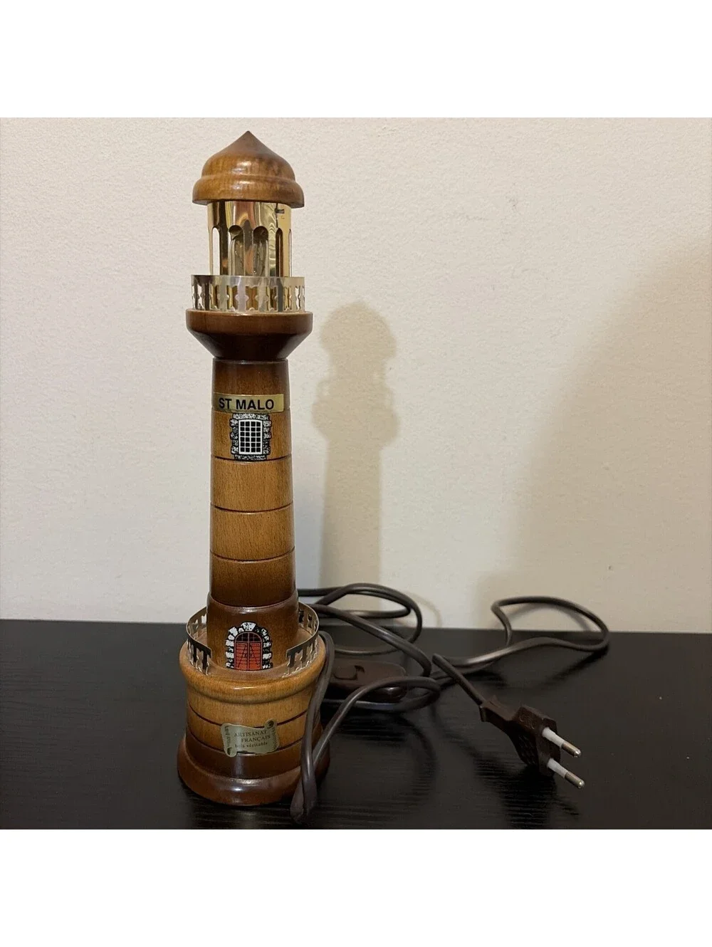 Vintage Wooden Lighthouse Lamp 11”-Euro Version-St. Malo